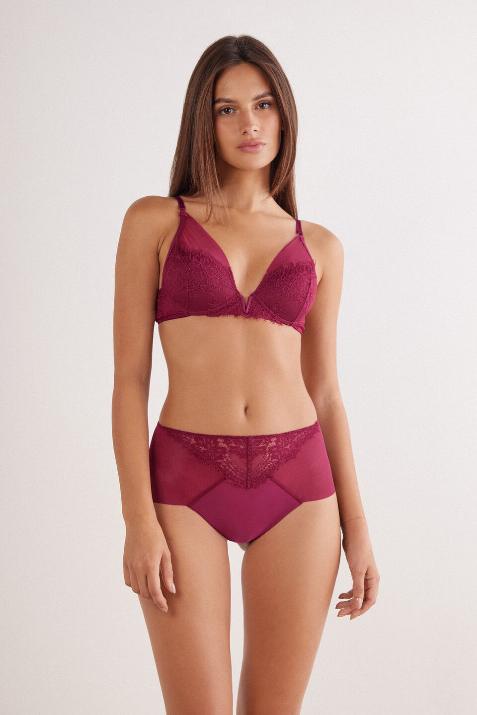 calcinha culotte brasileira de cintura alta sheer glamour - bordô
