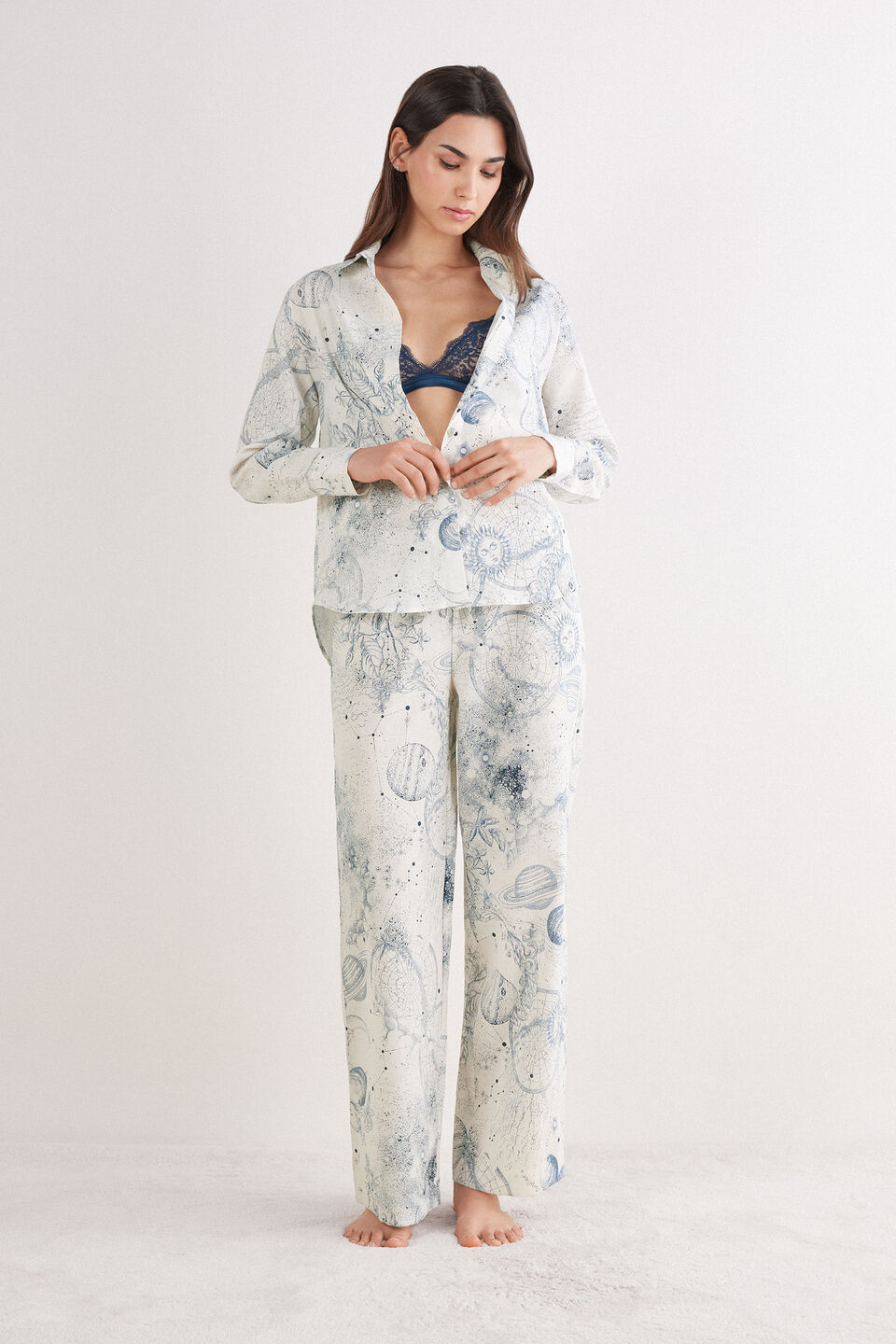 pijama comprido em linho e algodão luxury dreams - azul
