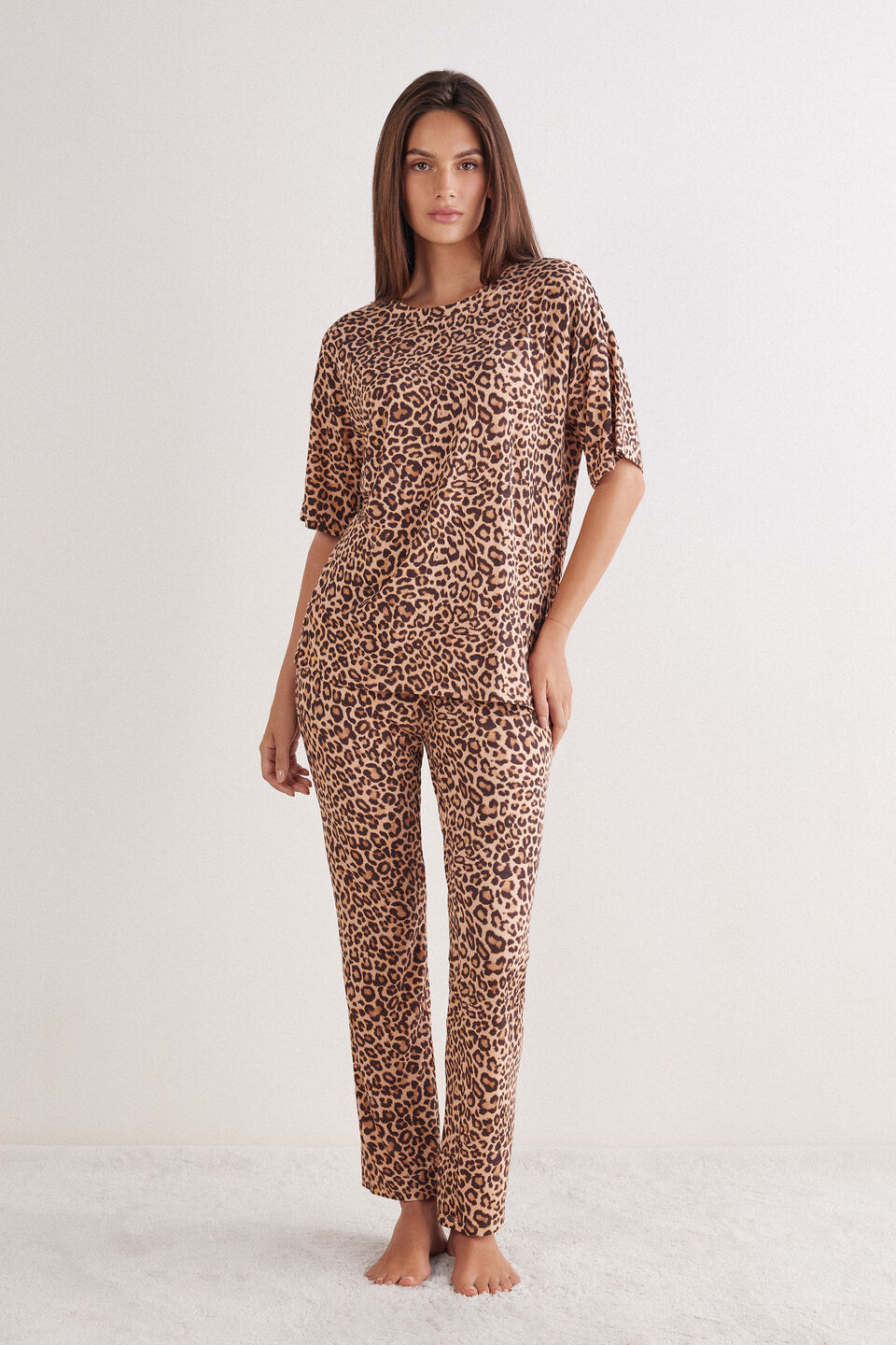 pijama comprido de manga curta em fresh bamboo pretty savage - marrom