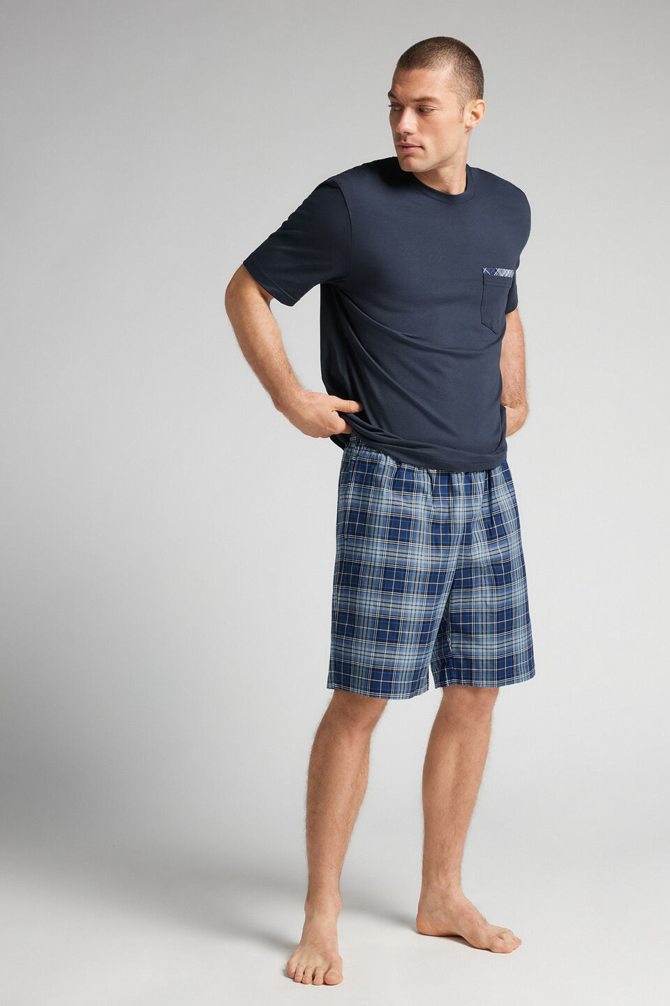 pijama curto xadrez em algodão - azul