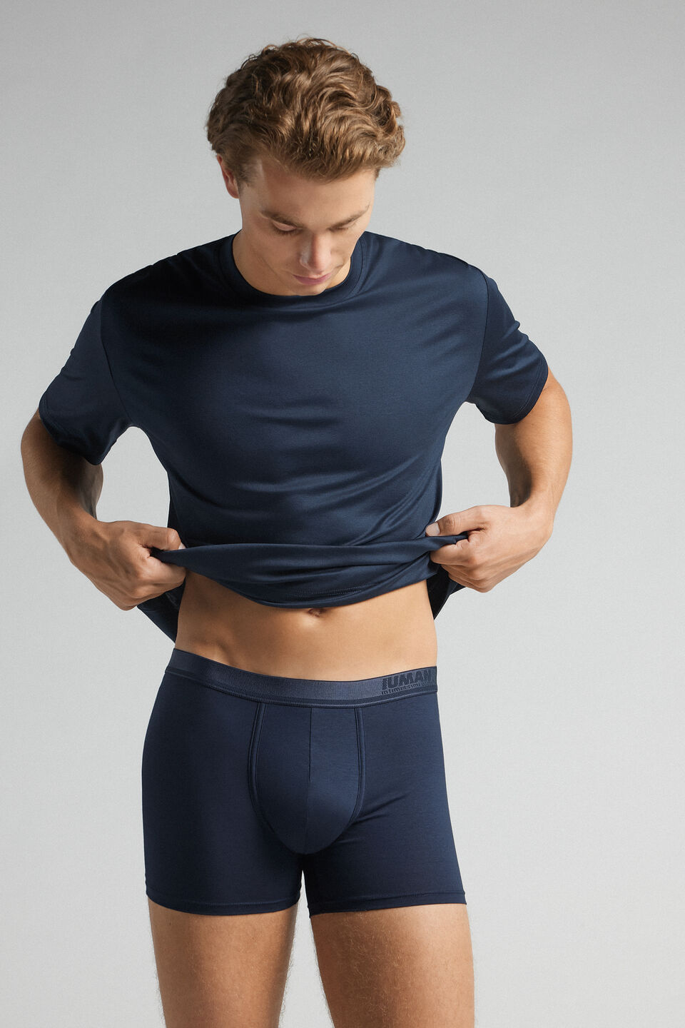 cueca boxer em algodão premium com logótipo - azul