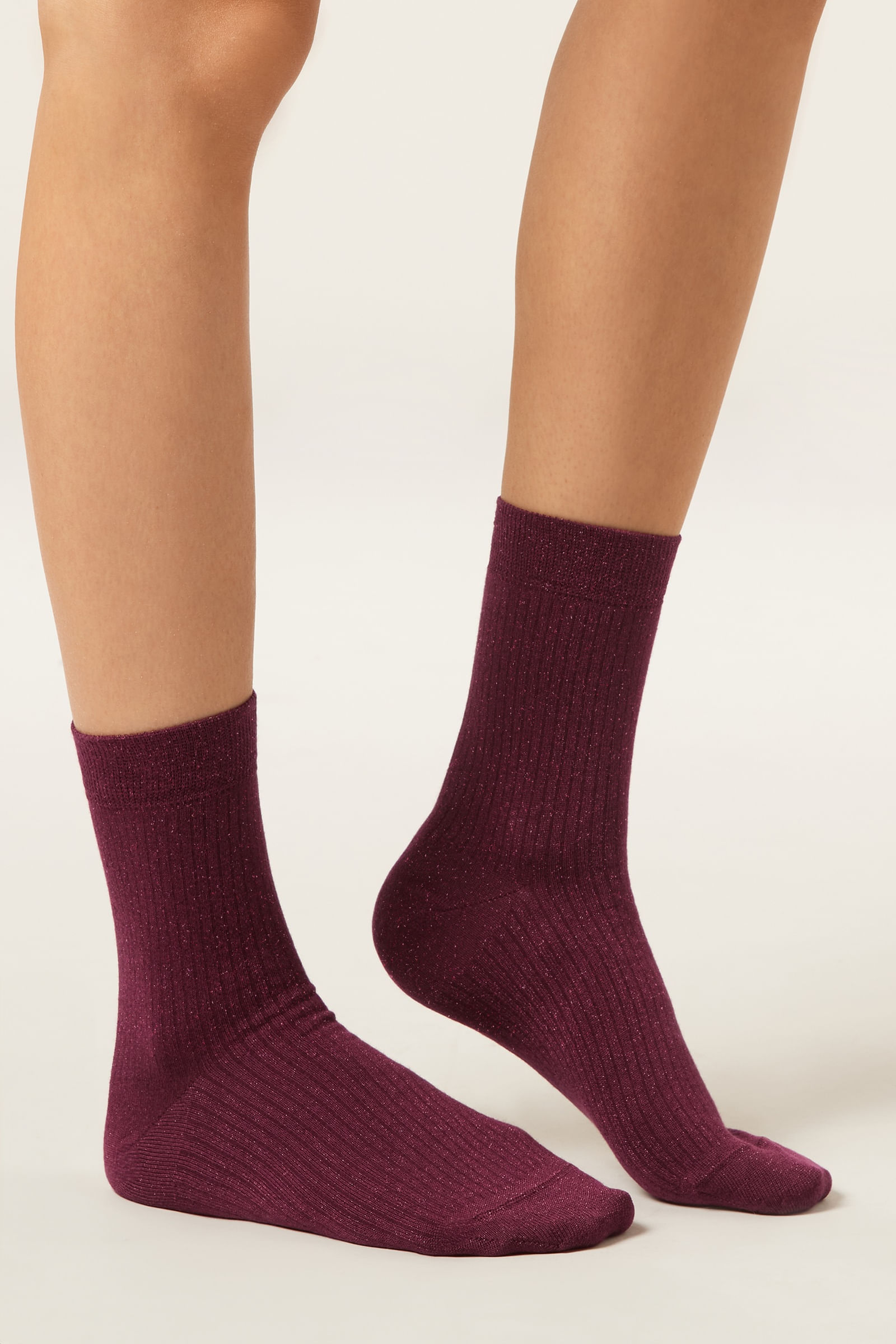meia curta canelada com glitter em viscose - bordô