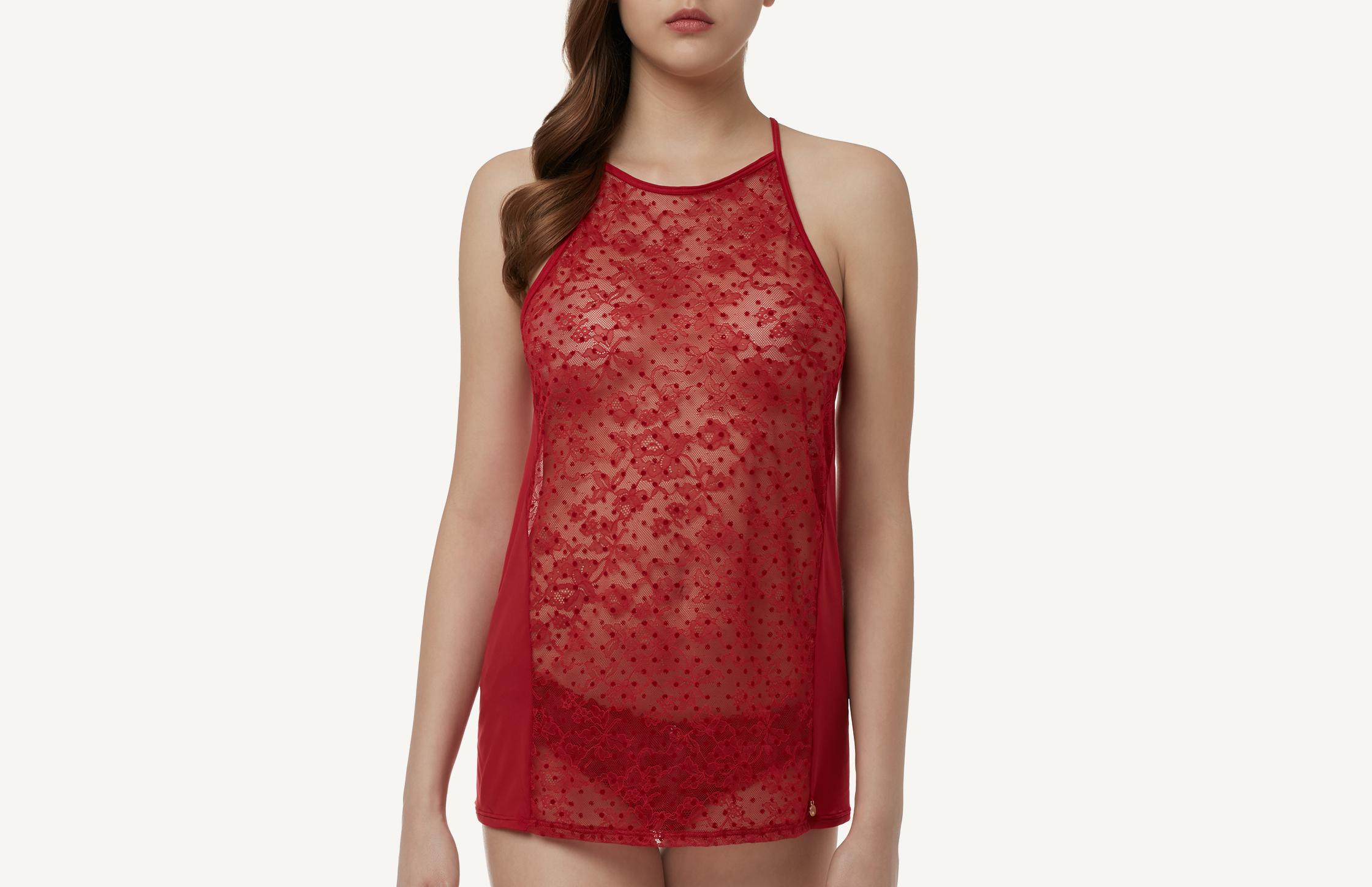 conjunto de blusa e calcinha de tule flocado - vermelho