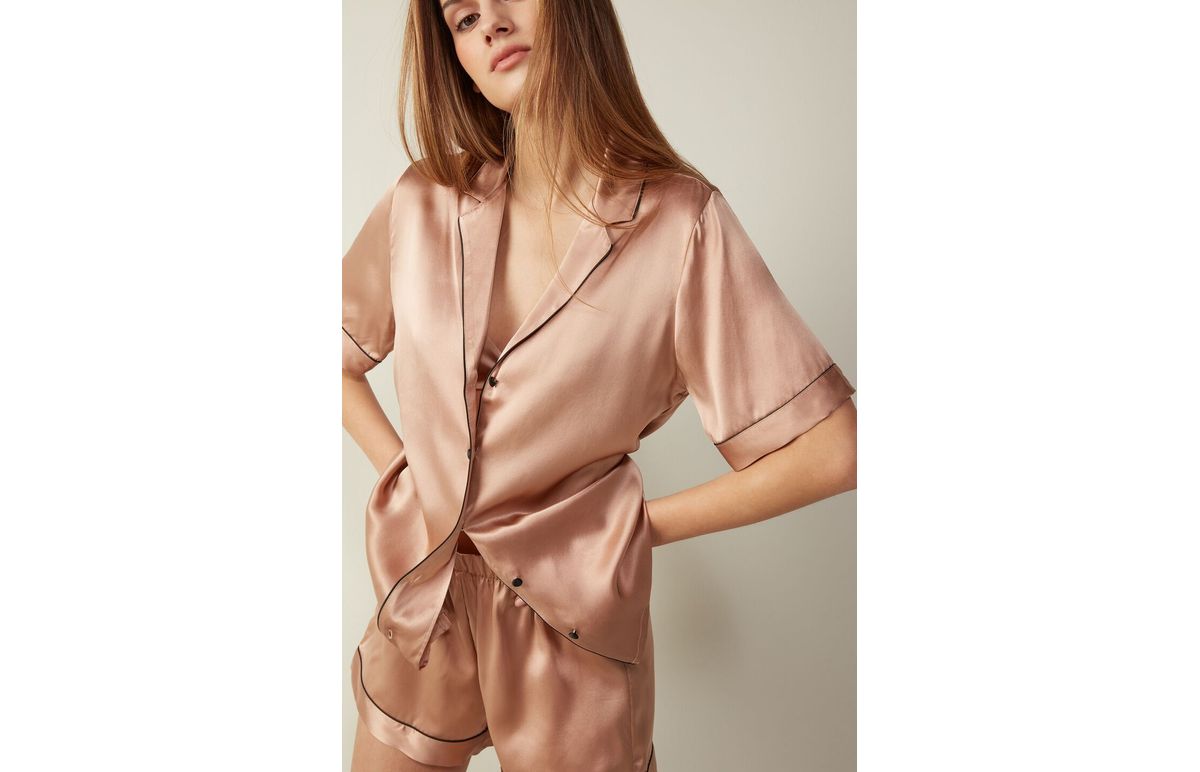 Camisa De Manga Curta Em Seda – Rosa