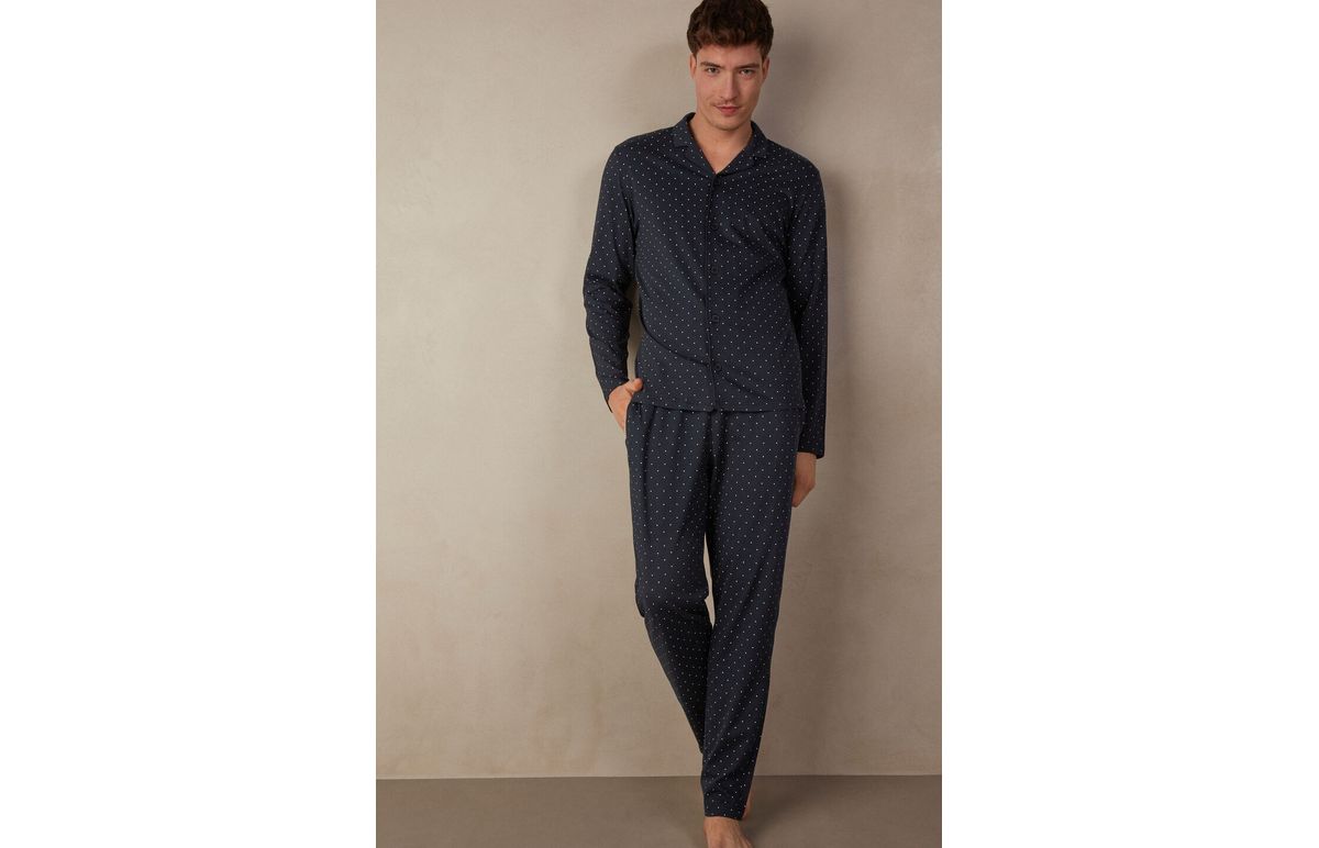 Pijama Comprido Aberto Estampa Bolinhas Em Algodão – Azul