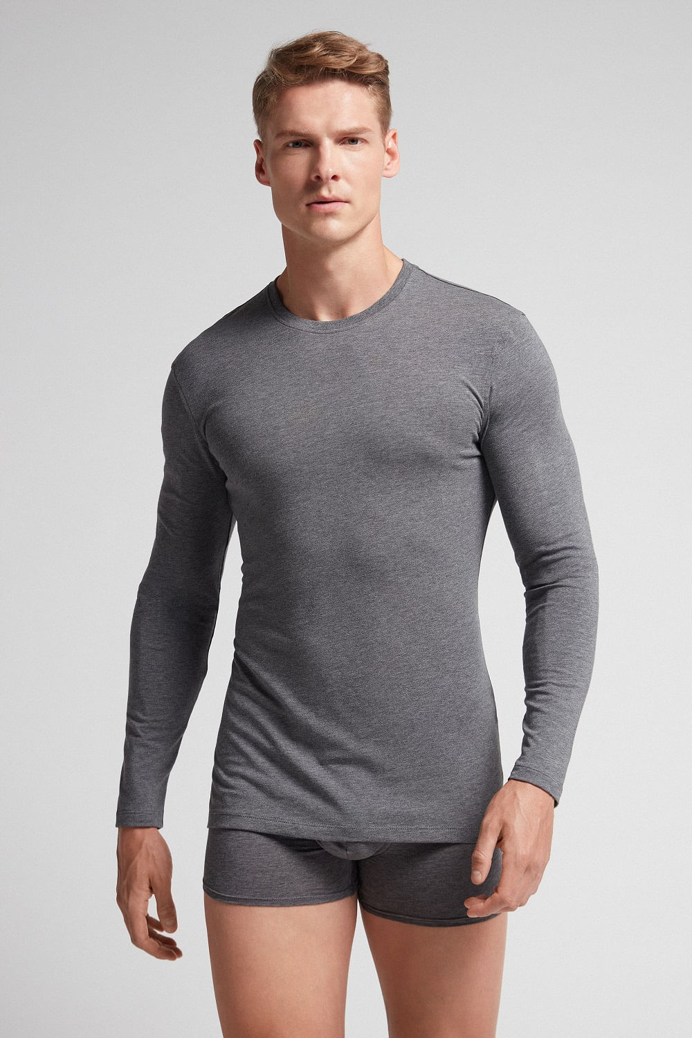 Blusa De Manga Comprida De Algodão Supima Elástico - Cinza — Tam. GG