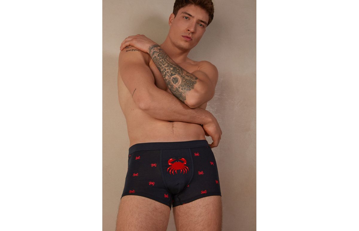 Cueca Boxer Em Algodão Supima Natural Fresh Com Estampado De Caranguejos – Azul