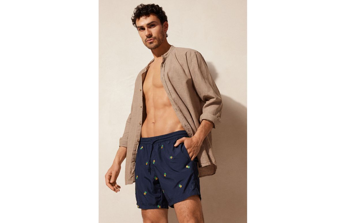 Bermuda De Banho Com Estampa De Abacaxi – Azul