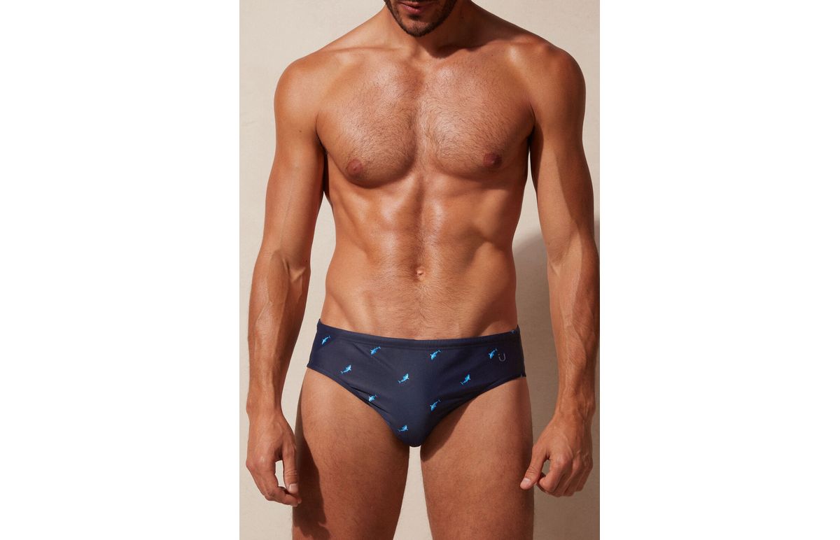 Sunga Slip Com Estampa De Tubarões – Azul