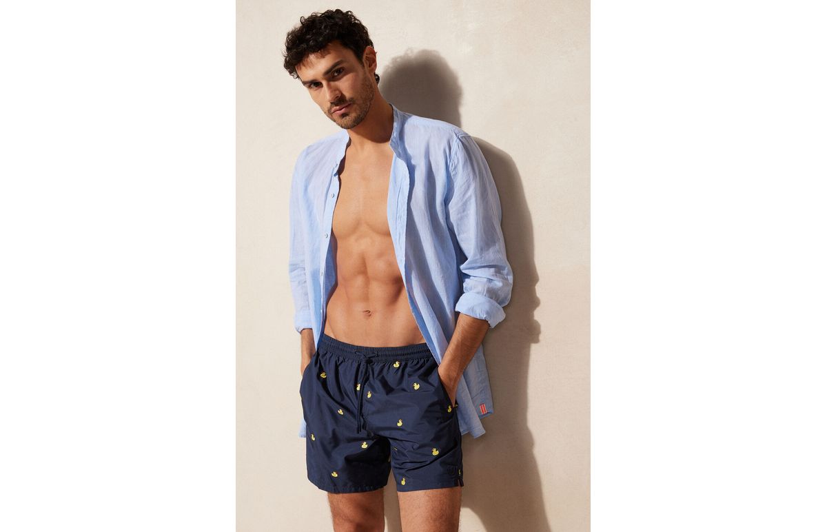 Bermuda De Banho Com Estampa De Patinhos – Azul