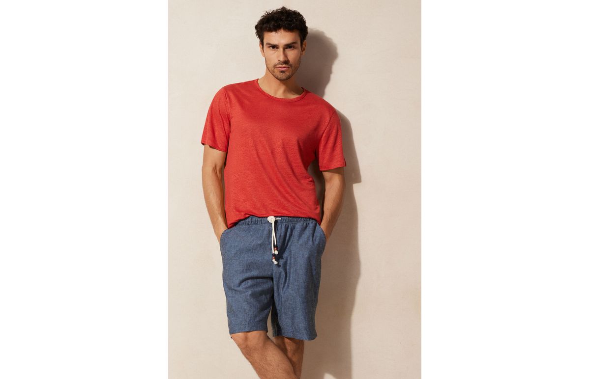 Bermuda Em Linho e Algodão – Azul