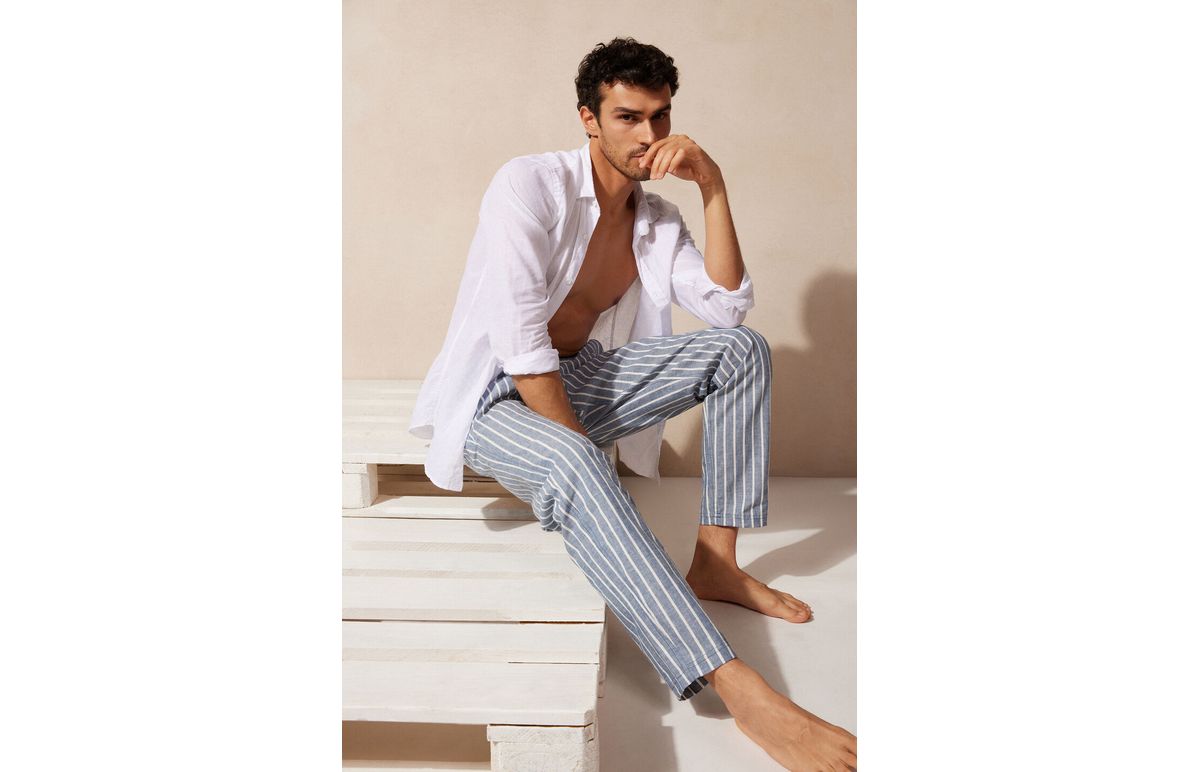 Calça Listrada Em Linho e Algodão – Azul