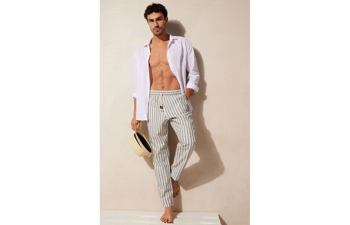 Calça Listrada Em Linho e Algodão – Azul