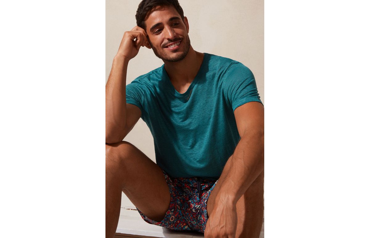 Camiseta De Manga Curta Em Linho – Azul