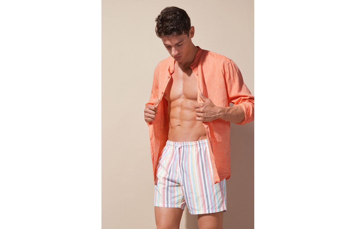 Camisa Com Colarinho Mandarim Em Linho e Algodão – Laranja