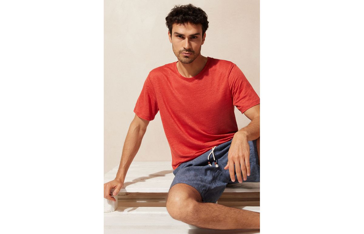 Camiseta De Manga Curta Em Linho – Vermelho