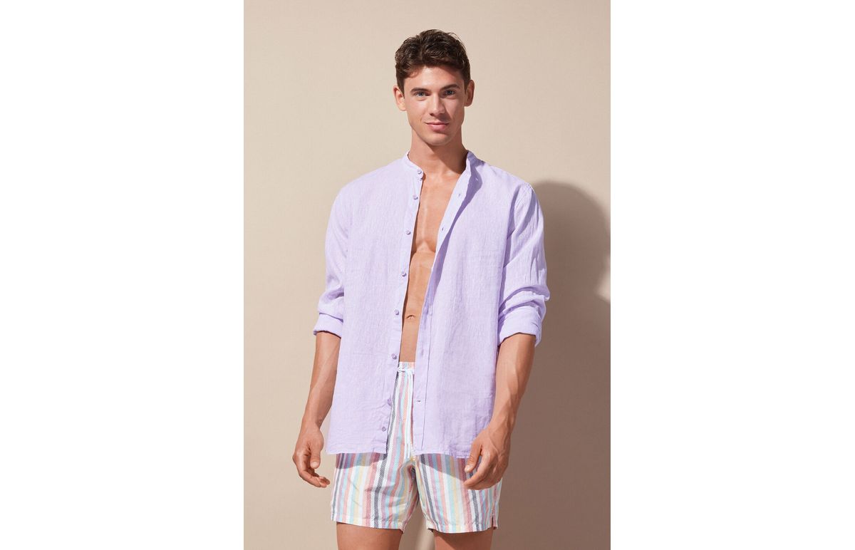 Camisa Com Colarinho Mandarim Em Linho e Algodão – Roxo