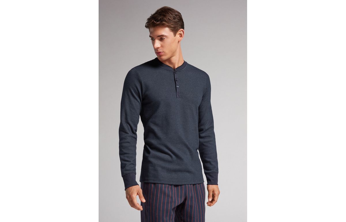 Blusa Tunisina Manga Comprida Em Algodão Quente – Azul