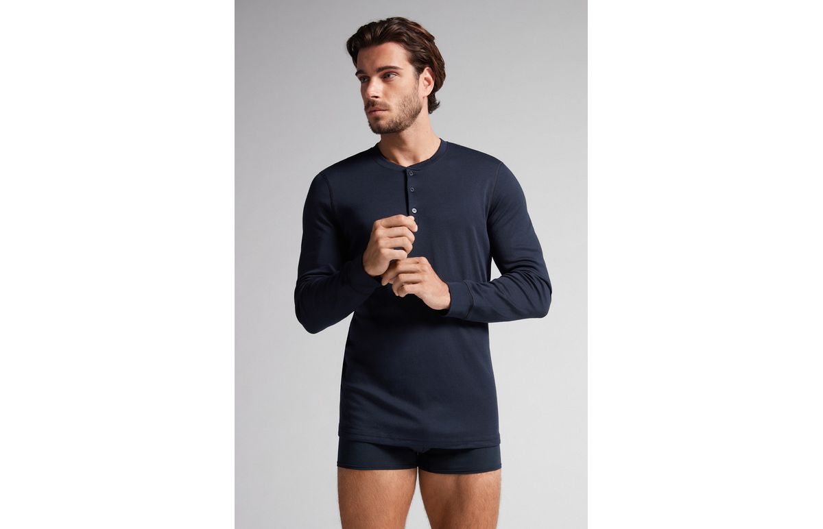 Camiseta De Manga Comprida Em Interlock Supima – Azul