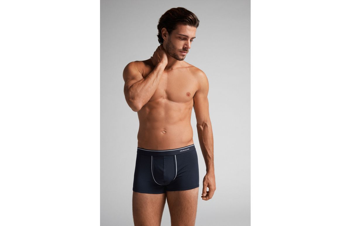 Cueca Boxer De Algodão Supima Com Elástico Visível – Azul