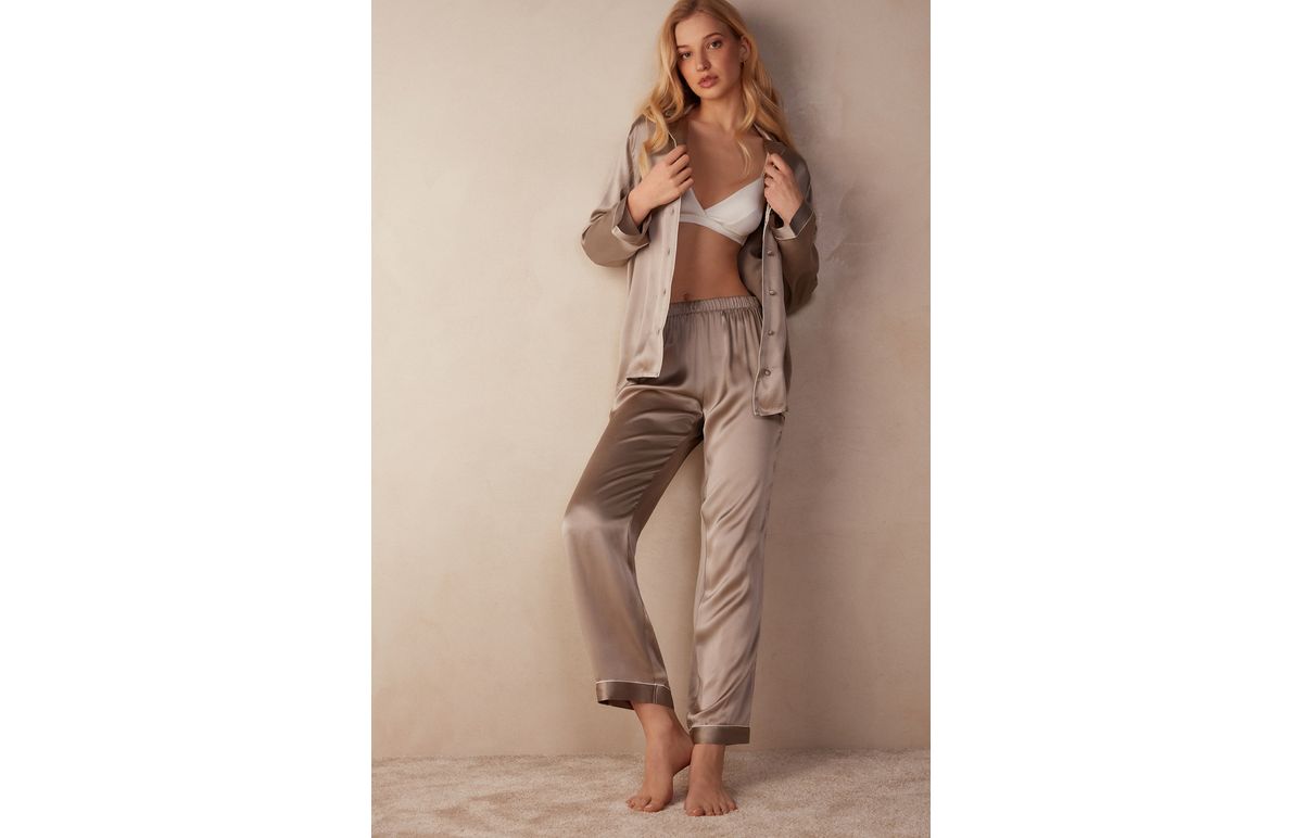 Calça Compridas De Cetim e Seda – Bege