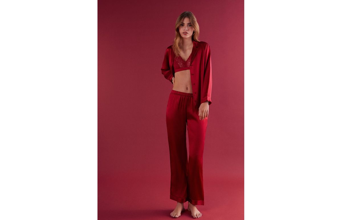 Calça Compridas De Cetim e Seda – Vermelho
