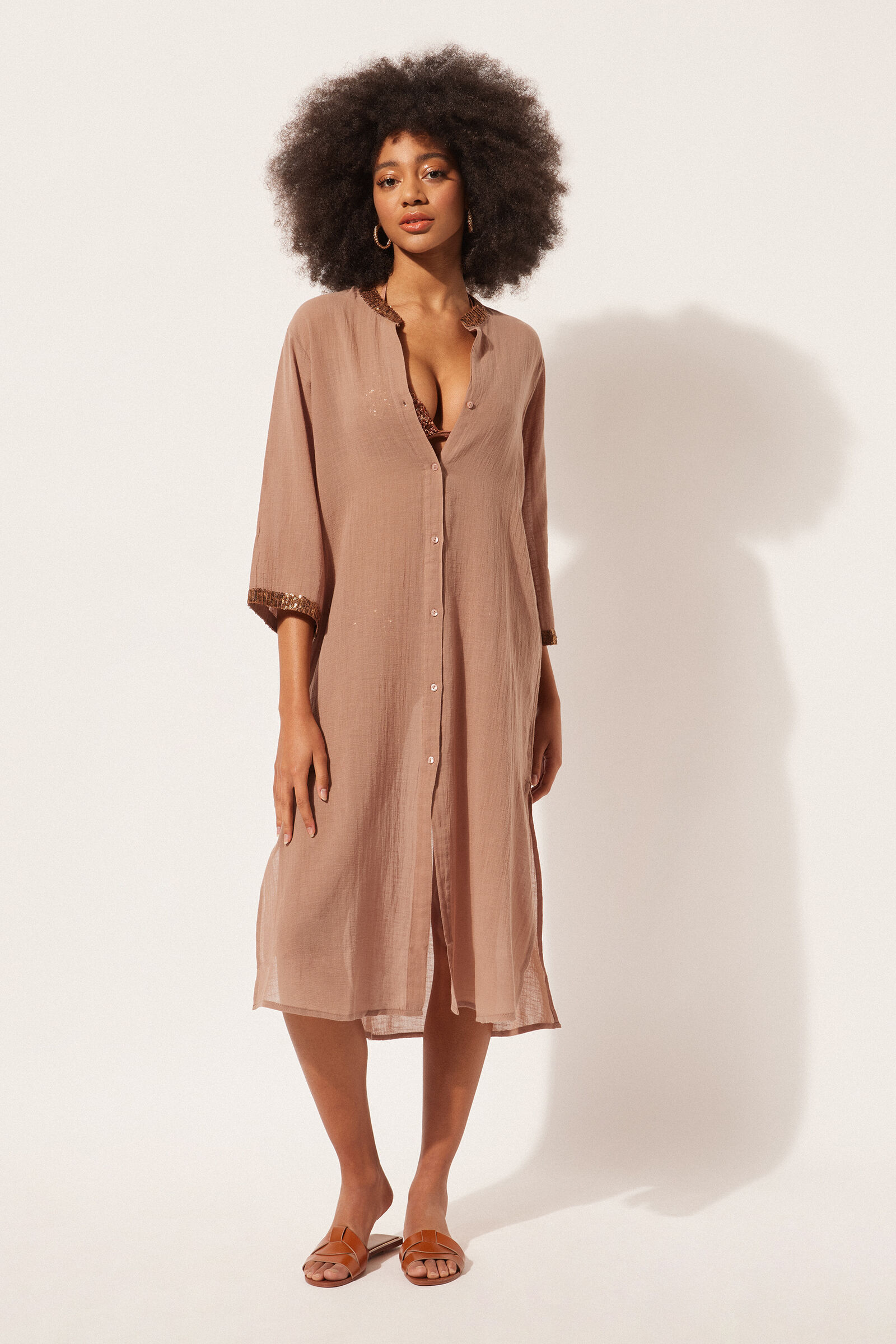 Vestido Longo com Paetês - Bege
