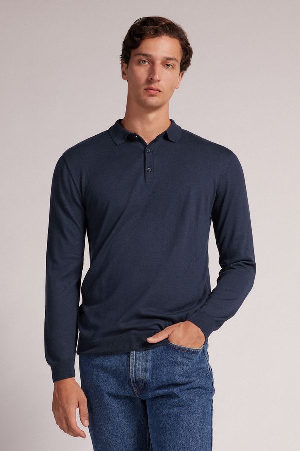 Polo Manga Comprida Em Viscose - Azul GG