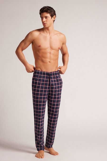 PUL450_803J_1-PANTALONI-LUNGHI-IN-COTONE-STAMPA-CHECK-BLU-BIANCO-ROSSO