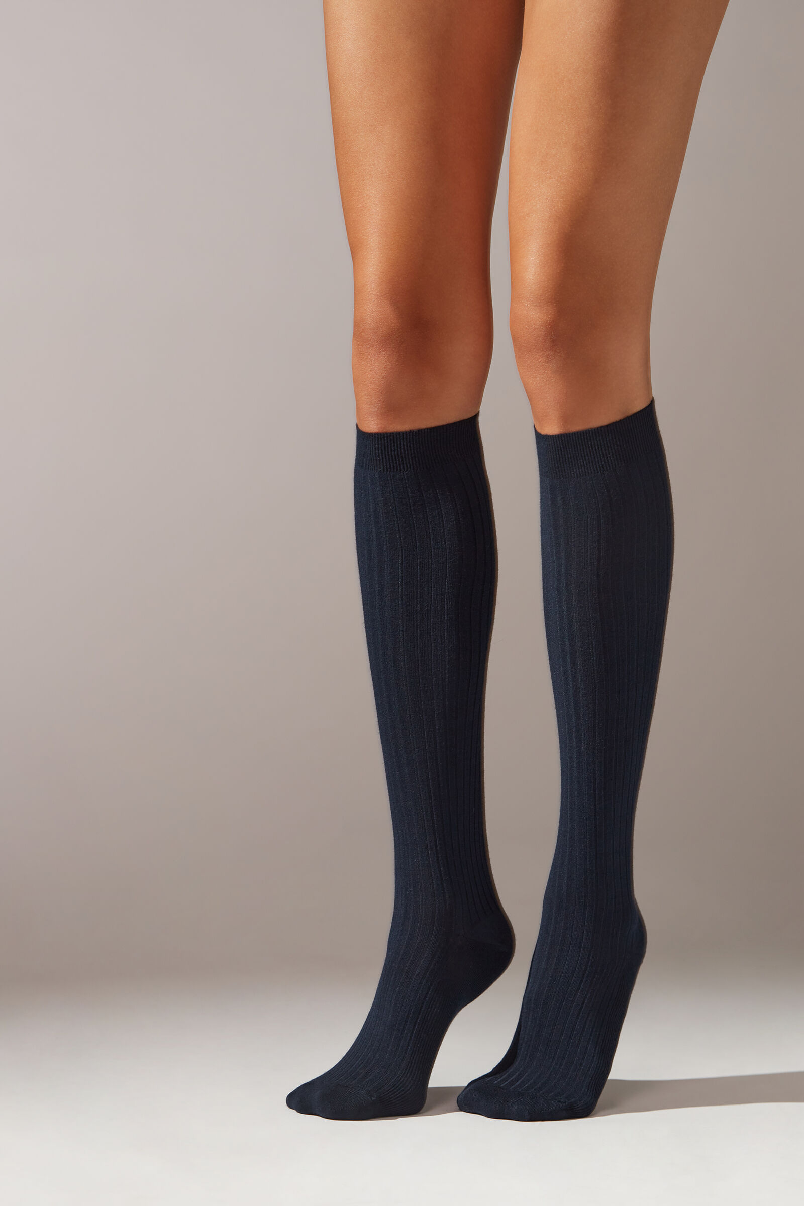 Meia Alta Com Cashmere Canelada - Azul — Tam. 37-39