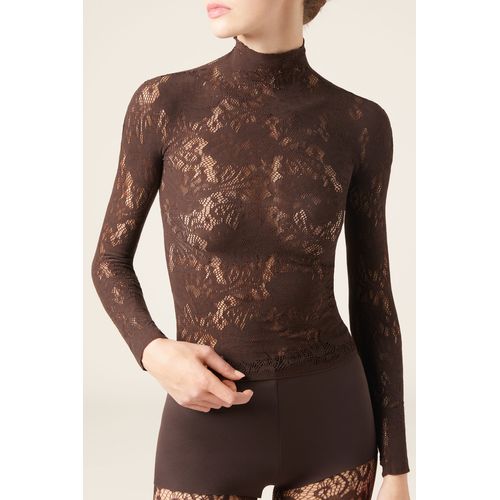 Blusa em Renda com Padrão Floral - Marrom
