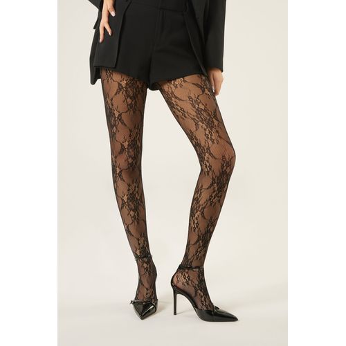 Meia-Calça em Renda com Padrão Floral - Preto