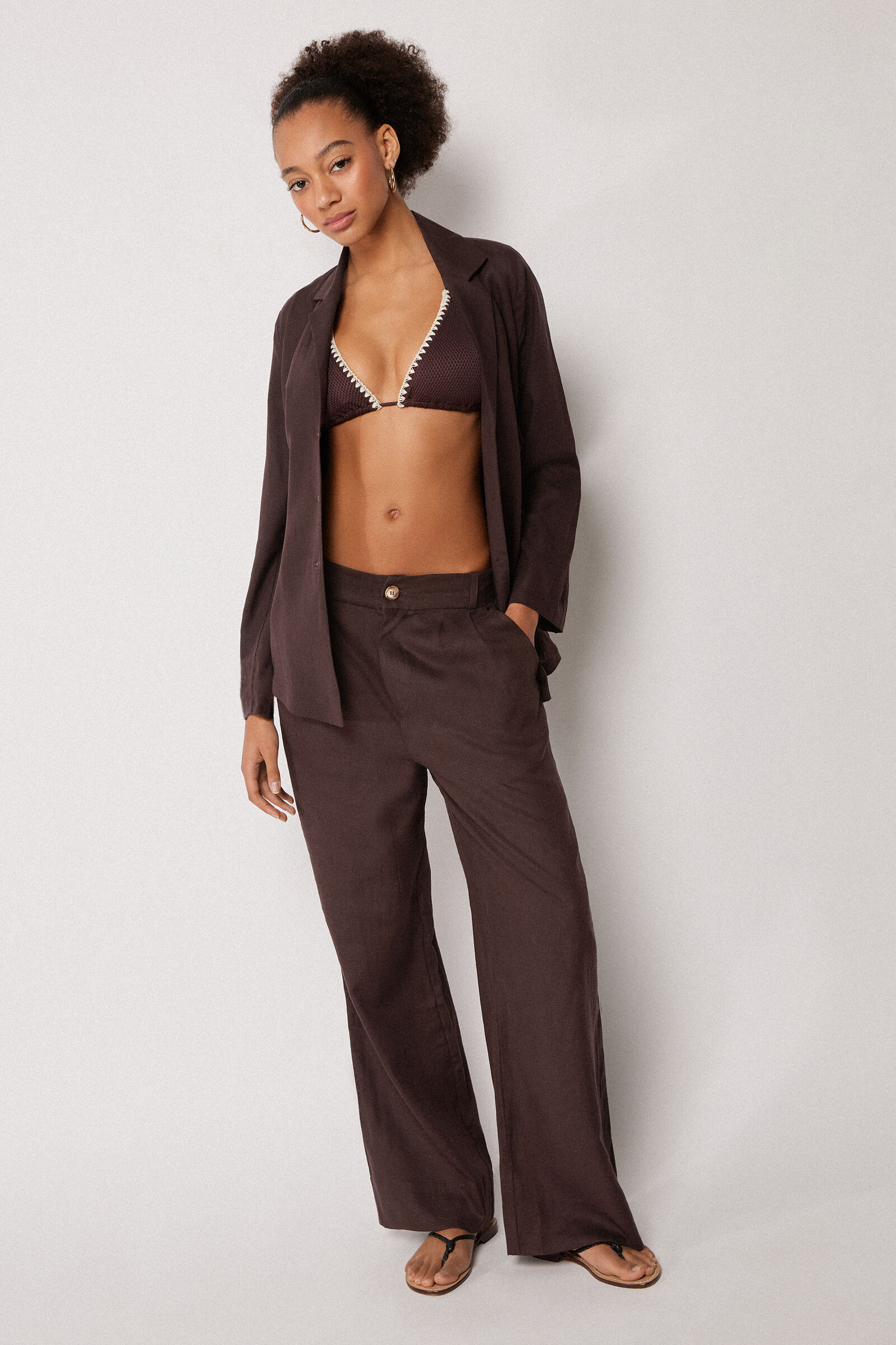 Calça Pantalona em Linho e Viscose - Marrom